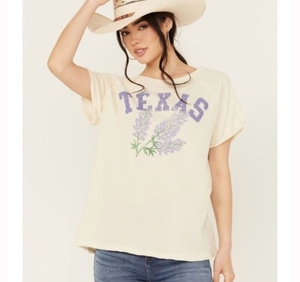 Free People We The Free Texas State Flower Bluebonnet Graphic Tee Cream M NEW - Picture 4 of 13